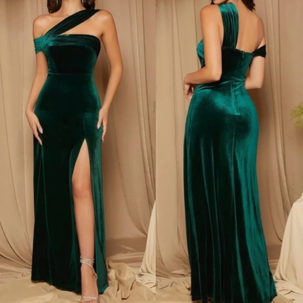 Luxe velvet one shoulder slit thigh party formal evening wedding  gown dress